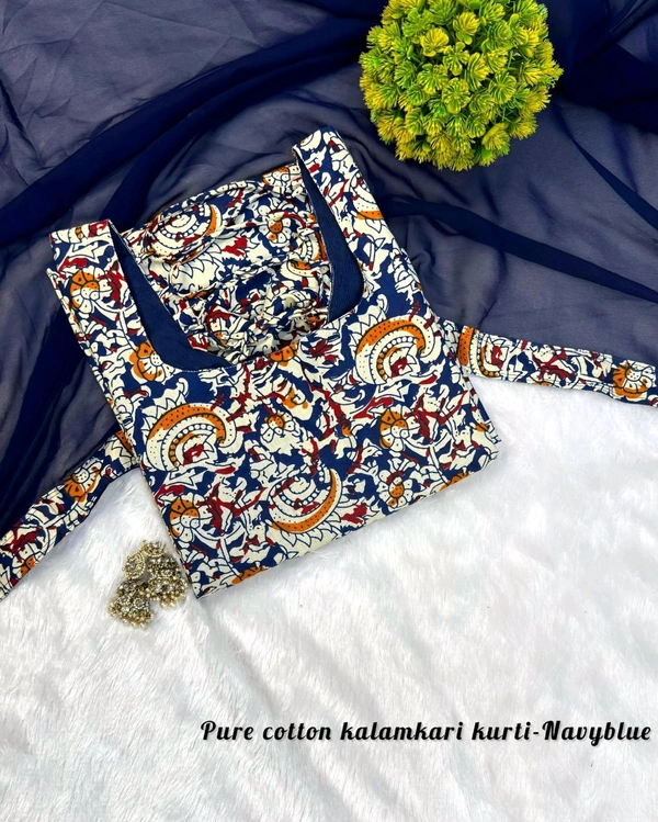 Thooriga - Pure Cotton Kalamkari Kurti Set - M, Navy Blue