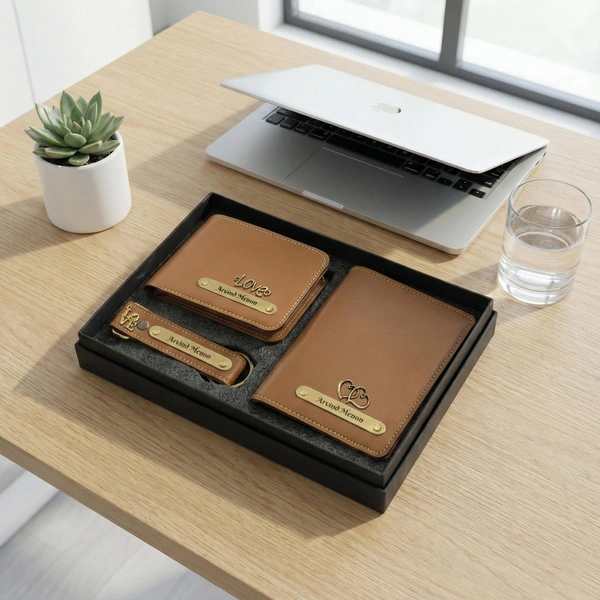 Personalized Combo Leather Passport cover, Mens wallet and Keychain with name and charms