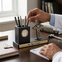 Premium Personalized Medical Desk Organizer with Analog Clock
