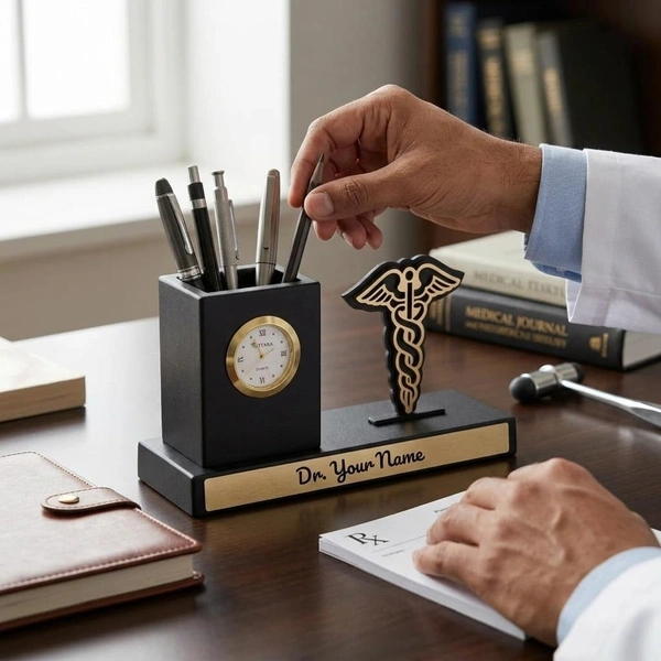 Premium Personalized Medical Desk Organizer with Analog Clock