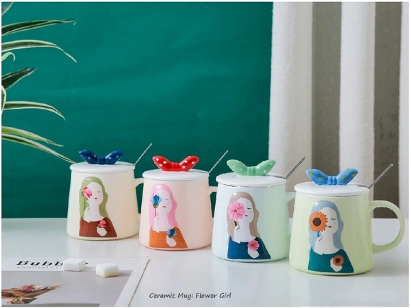 Flower Girl Themed Ceramic Mug with Lid & Spoon - 350ml (1 Piece, Random Design)