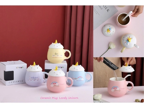 Lovely Unicorn Themed Ceramic Mug with Lid & Spoon - 400ml (1 Piece, Random Design)