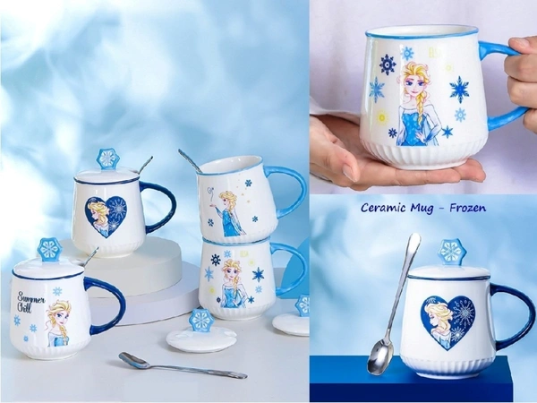 Frozen Themed Ceramic Mug with Lid & Spoon - 350ml (1 Piece, Random Design)