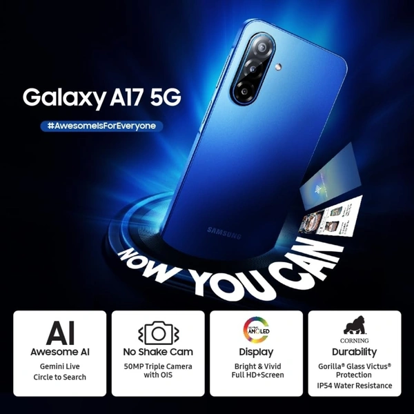 Samsung Galaxy A17 5G (Gray, 6GB RAM, 128GB Storage) | with Travel Adapter | 50 MP No Shake Camera | Gemini Live | Circle to Search | Super AMOLED | Corning Gorilla Glass Victus | 7.5mm Sleek | AI - Black