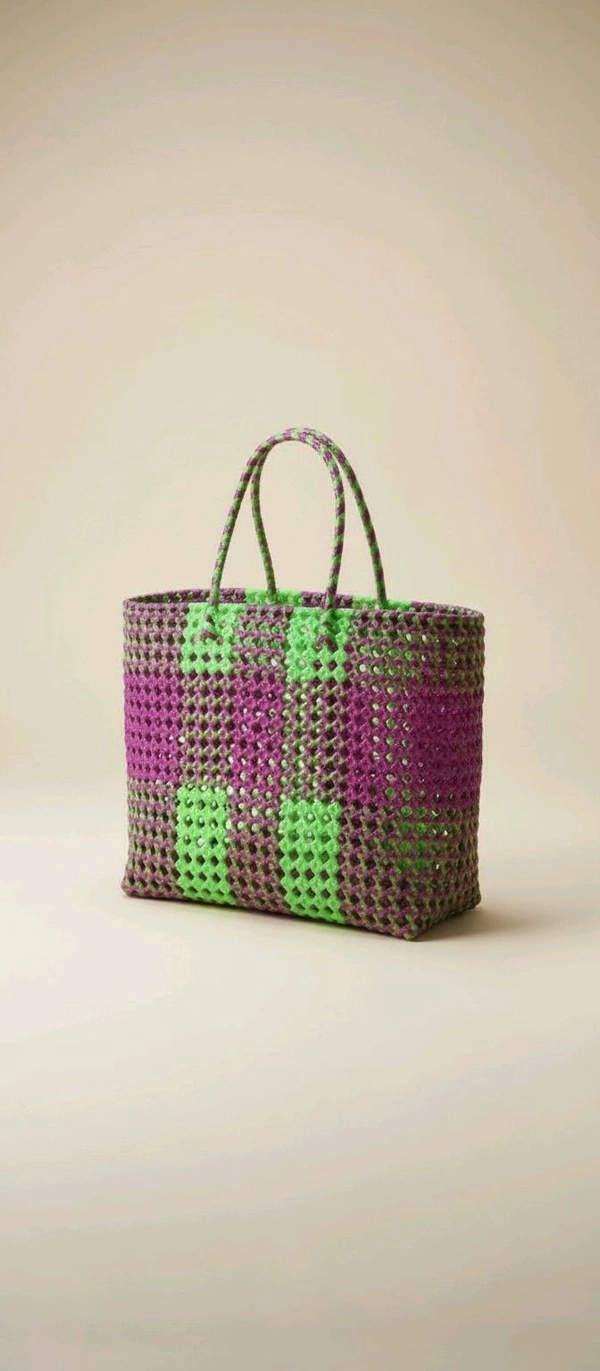 Handmade Check Pattern Tote Bag, Spacious Reusable Shopping Handbag (Koodai)