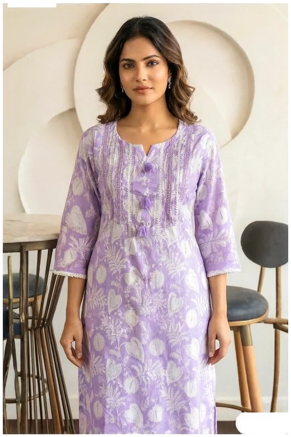 Bonclaire Lavender Printed Suit Set with Dupatta (3-Piece) | Embroidered Yoke Kurta + Pants + Matching Dupatta - XL, 400