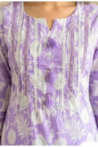 Bonclaire Lavender Printed Suit Set with Dupatta (3-Piece) | Embroidered Yoke Kurta + Pants + Matching Dupatta - XL, 400