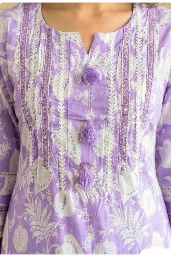 Bonclaire Lavender Printed Suit Set with Dupatta (3-Piece) | Embroidered Yoke Kurta + Pants + Matching Dupatta - XL, 400