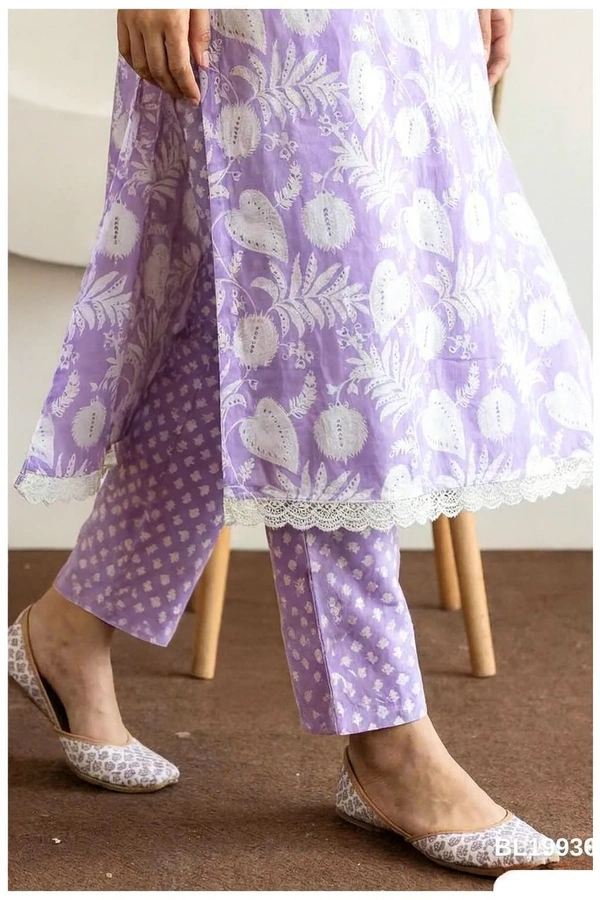 Bonclaire Lavender Printed Suit Set with Dupatta (3-Piece) | Embroidered Yoke Kurta + Pants + Matching Dupatta - XL, 400