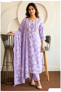 Bonclaire Lavender Printed Suit Set with Dupatta (3-Piece) | Embroidered Yoke Kurta + Pants + Matching Dupatta - XL, 400