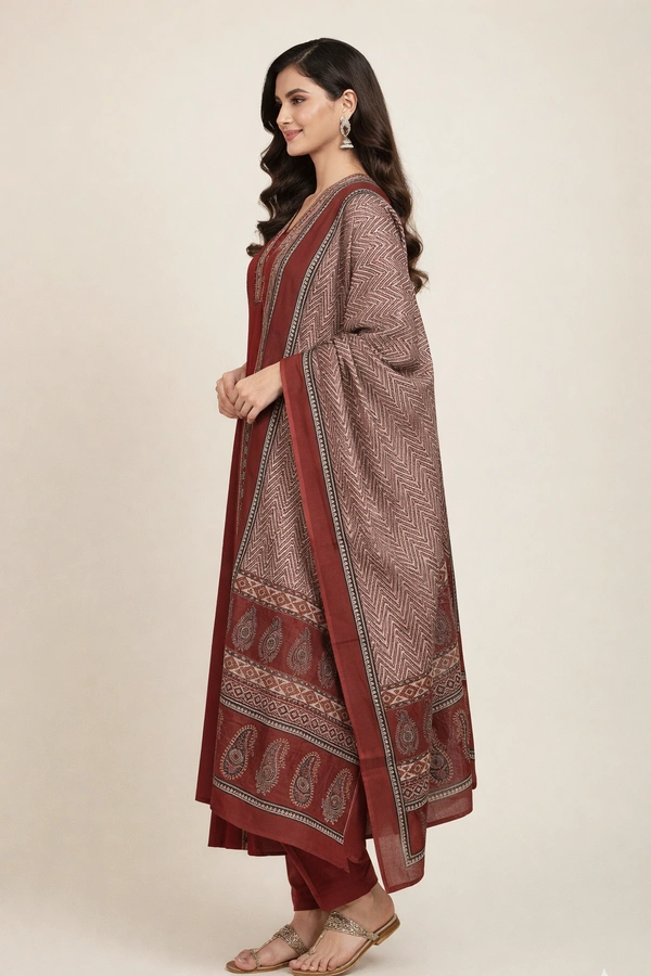Bonclaire Maroon Suit Set with Dupatta (3-Piece) | Straight Kurta + Pants + Printed Dupatta - XXL, 400