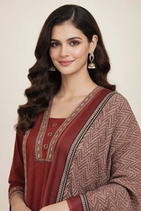 Bonclaire Maroon Suit Set with Dupatta (3-Piece) | Straight Kurta + Pants + Printed Dupatta - XXL, 400