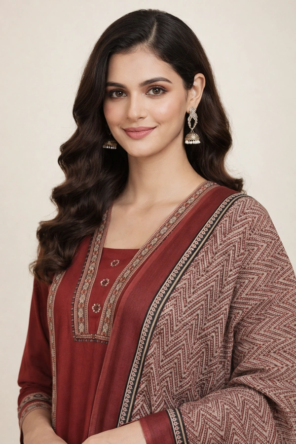 Bonclaire Maroon Suit Set with Dupatta (3-Piece) | Straight Kurta + Pants + Printed Dupatta - XXL, 400