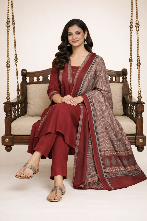 Bonclaire Maroon Suit Set with Dupatta (3-Piece) | Straight Kurta + Pants + Printed Dupatta - XXL, 400