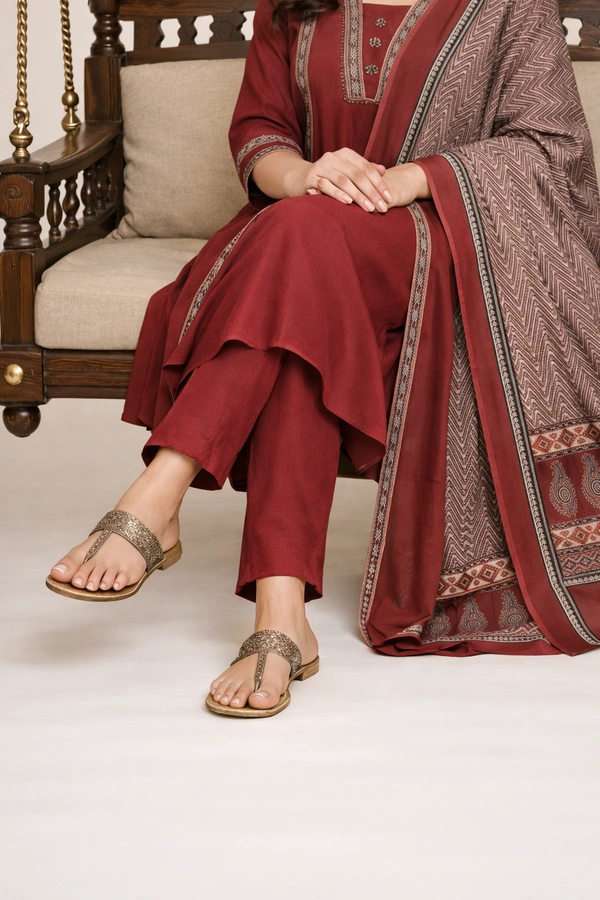 Bonclaire Maroon Suit Set with Dupatta (3-Piece) | Straight Kurta + Pants + Printed Dupatta - XXL, 400