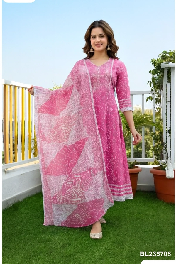 Bonclaire Pink Printed Suit Set with Dupatta (3-Piece) | A-Line V-Neck Kurta + Pants + Lightweight Printed Dupatta | - L, 400