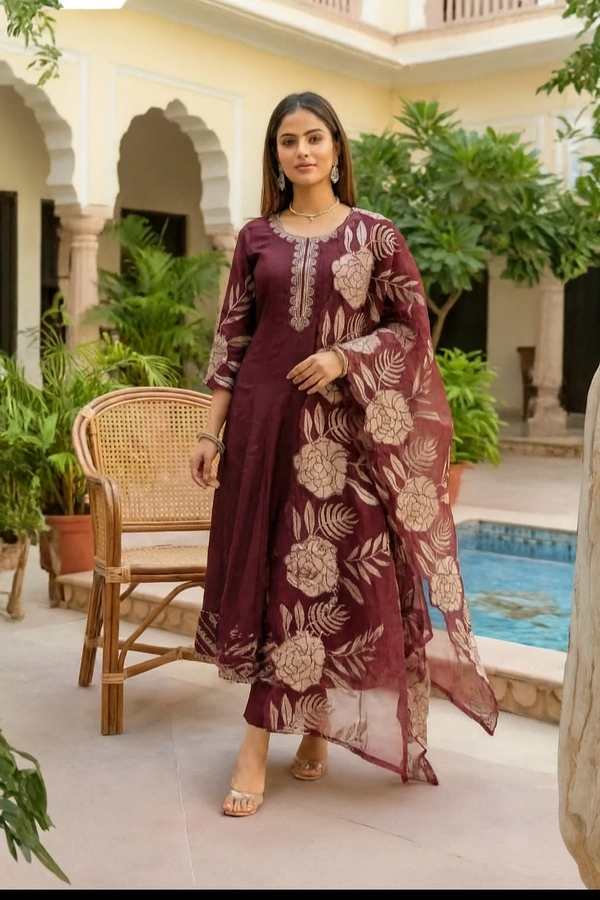 Bonclaire Wine Floral Suit Set with Dupatta (3-Piece) | Embroidered Neck A-Line Kurta + Pants + Statement Printed Dupatta - XXL, 400
