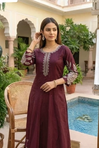 Bonclaire Wine Floral Suit Set with Dupatta (3-Piece) | Embroidered Neck A-Line Kurta + Pants + Statement Printed Dupatta - XXL, 400