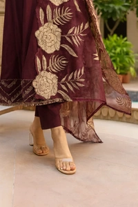 Bonclaire Wine Floral Suit Set with Dupatta (3-Piece) | Embroidered Neck A-Line Kurta + Pants + Statement Printed Dupatta - XXL, 400