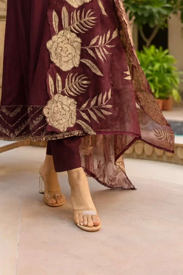 Bonclaire Wine Floral Suit Set with Dupatta (3-Piece) | Embroidered Neck A-Line Kurta + Pants + Statement Printed Dupatta - XXL, 400