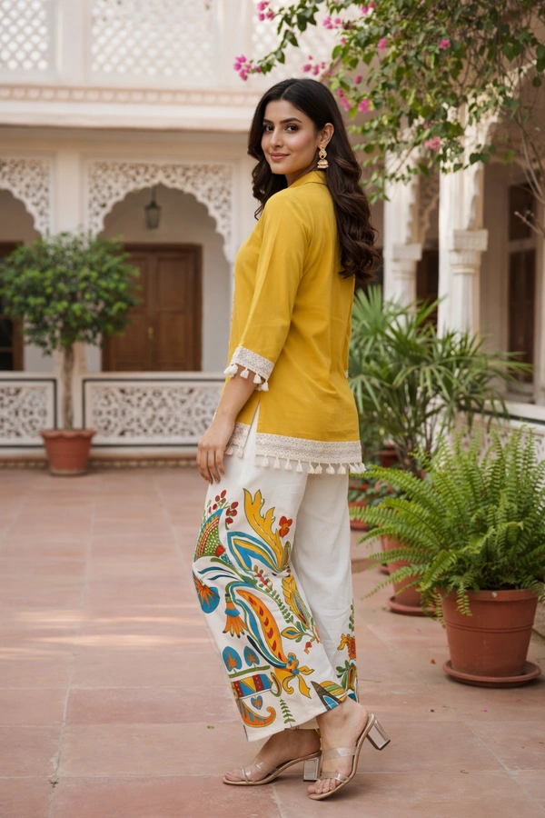 Mustard Rayon Co-Ord Set (2-Piece) | Shirt-Style Top with Lace Tassels + Ethnic Printed Palazzo