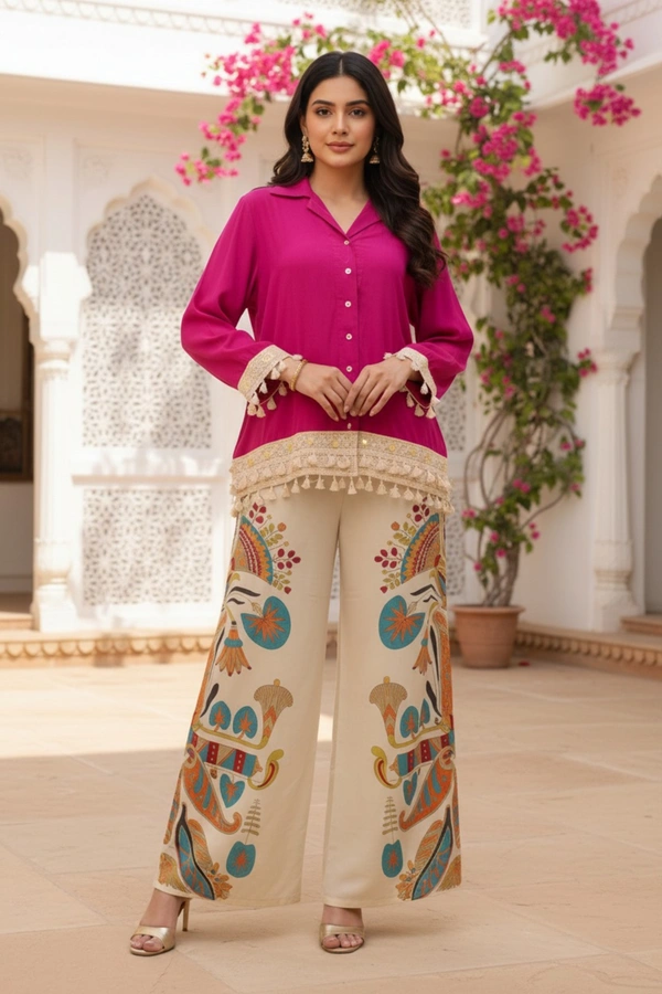 Generic Rayon Co-Ord Set (2-Piece) | Magenta Shirt-Style Top + Printed Palazzo | Size L - L, 400