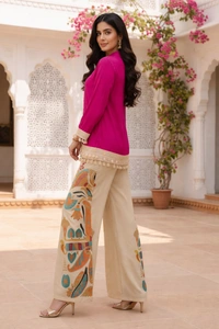 Generic Rayon Co-Ord Set (2-Piece) | Magenta Shirt-Style Top + Printed Palazzo | Size L - L, 400