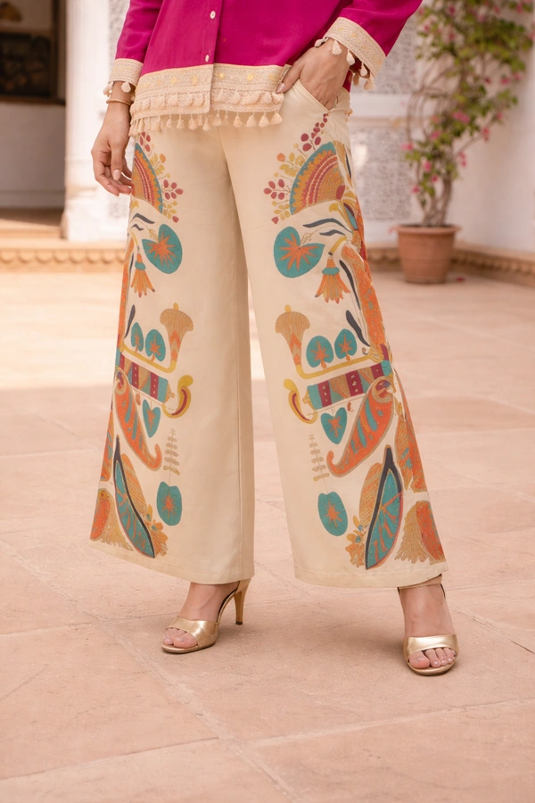 Generic Rayon Co-Ord Set (2-Piece) | Magenta Shirt-Style Top + Printed Palazzo | Size L - L, 400