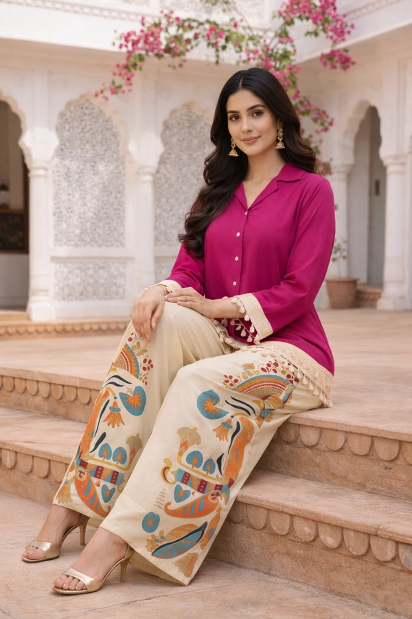 Generic Rayon Co-Ord Set (2-Piece) | Magenta Shirt-Style Top + Printed Palazzo | Size L - L, 400