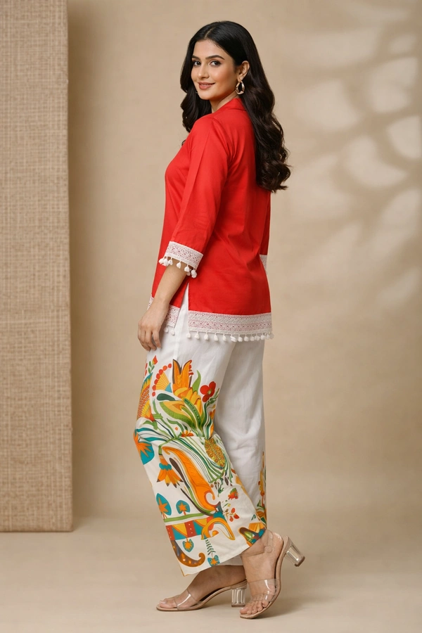 Red Rayon Co-Ord Set (2-Piece) | Shirt-Style Button Top with Lace Tassels + Ethnic Printed Palazzo
