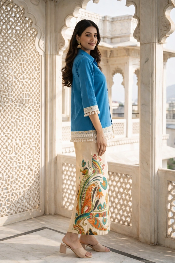 Royal Blue Rayon Co-Ord Set (2-Piece) | Shirt-Style Button Top with Lace Tassels + Ethnic Paisley Printed Palazzo