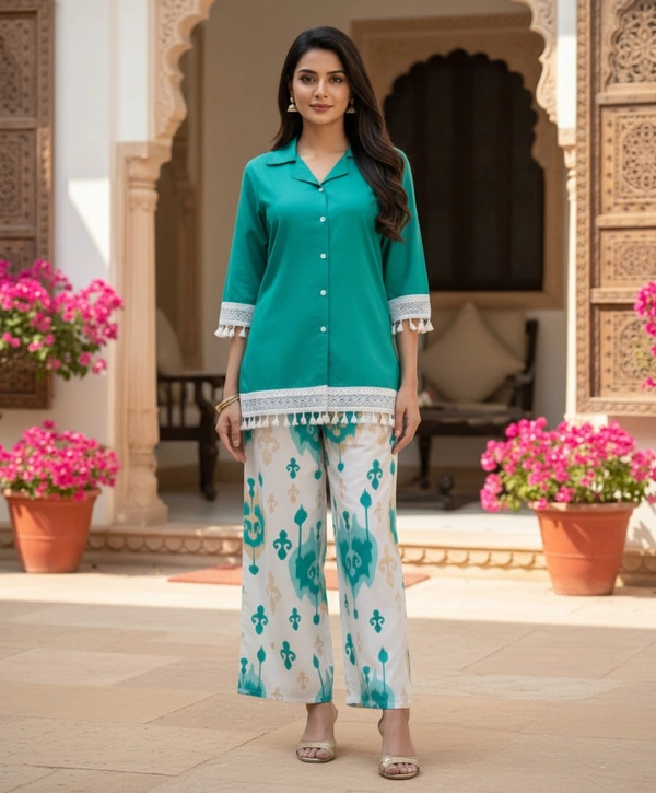 Teal Rayon Co-Ord Set (2-Piece) | Shirt-Style Button Top with Lace Tassels + Motif Printed Palazzo