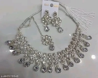 Beautiful White American Diamond (AD) Necklace Set with Earrings and Maangtika - Free Size, White