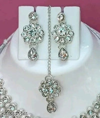 Beautiful White American Diamond (AD) Necklace Set with Earrings and Maangtika - Free Size, White