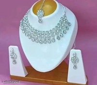 Beautiful White American Diamond (AD) Necklace Set with Earrings and Maangtika - Free Size, White