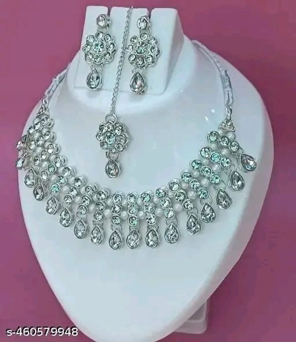 Beautiful White American Diamond (AD) Necklace Set with Earrings and Maangtika - Free Size, White
