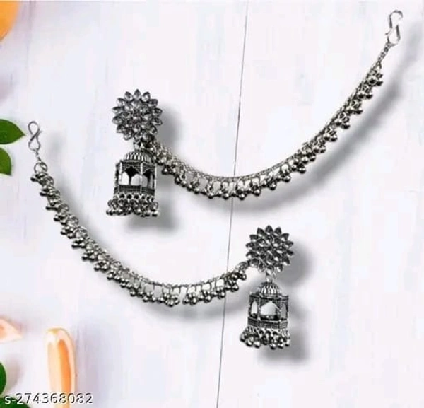 silver bahubali earrings | silver tample earrings with chain | oxidise silver earring | ย silver earring & chain comboย - Free Size, Silver