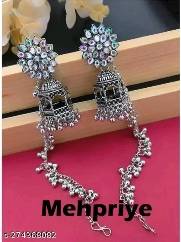 silver bahubali earrings | silver tample earrings with chain | oxidise silver earring | ย silver earring & chain comboย - Free Size, Silver