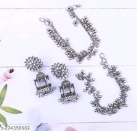 silver bahubali earrings | silver tample earrings with chain | oxidise silver earring | ย silver earring & chain comboย - Free Size, Silver