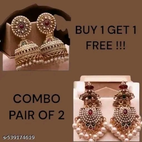 Traditional Jhumka Earrings Combo – Set of 2 Pairs | Ethnic Pearl & Kundan Design for Women & Girls - Free Size, Gold