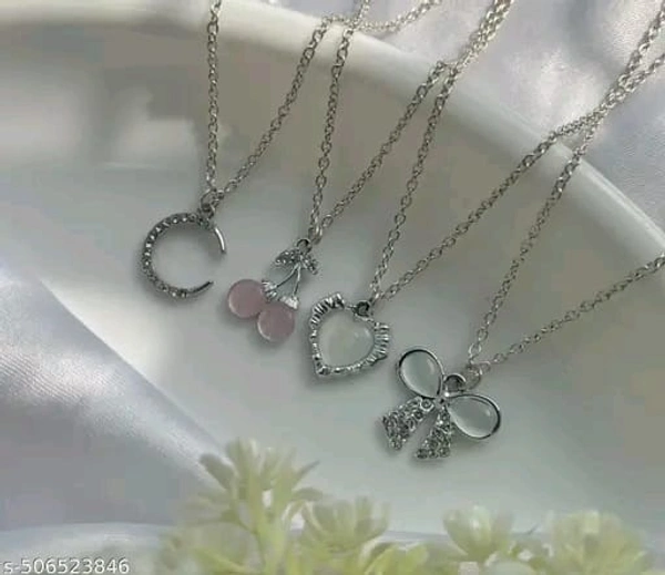 Beautiful Necklace Set of 4 Stylish trendy Silver plated American diamond charm pendant necklace for women and girls. | Accessories | Gift | Korean | Minimal | Neckpiece | Aesthetic Jewellery - Free Size, Silver