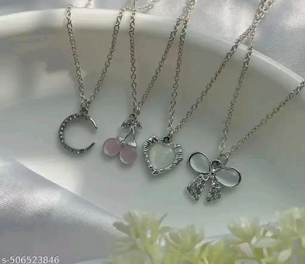 Beautiful Necklace Set of 4 Stylish trendy Silver plated American diamond charm pendant necklace for women and girls. | Accessories | Gift | Korean | Minimal | Neckpiece | Aesthetic Jewellery - Free Size, Silver