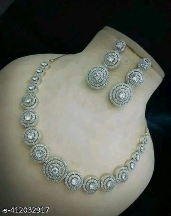 Elegant Silver-Plated Circular Motif Necklace Set.Silver plated necklace set, bridal jewellery, cubic zirconia necklace, designer party wear jewellery, statement necklace, - Free Size, White