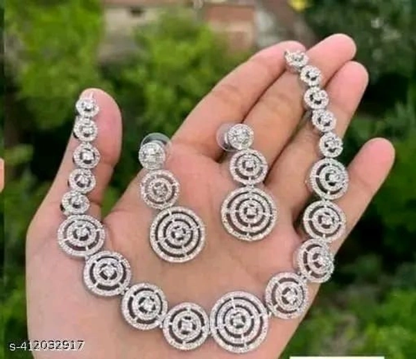 Elegant Silver-Plated Circular Motif Necklace Set.Silver plated necklace set, bridal jewellery, cubic zirconia necklace, designer party wear jewellery, statement necklace, - Free Size, White