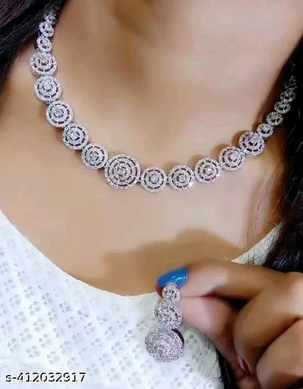 Elegant Silver-Plated Circular Motif Necklace Set.Silver plated necklace set, bridal jewellery, cubic zirconia necklace, designer party wear jewellery, statement necklace, - Free Size, White