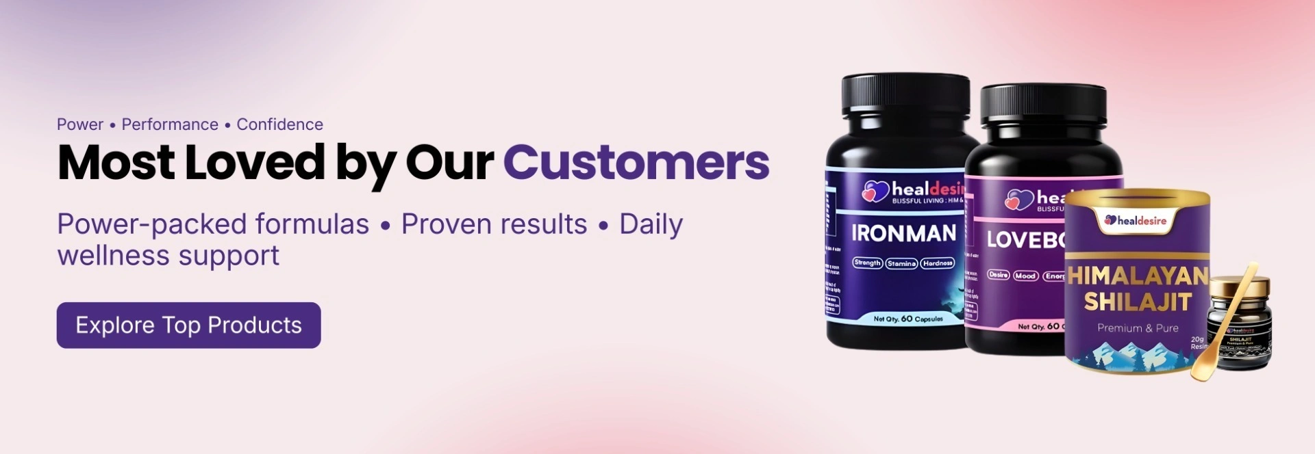 HealDesire wellness supplements featuring Testoboost capsules and premium Himalayan Shilajit resin for energy, strength and vitality support