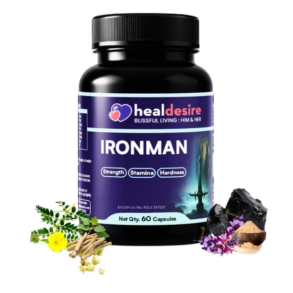 HealDesire Ironman | Ayurvedic Herbal Supplement with 7 Power Herbs – Shilajit, Ashwagandha, Vang Bhasm, Gokshur | Supports Vitality & Wellness | 100% Natural & Vegetarian | 60 Capsules