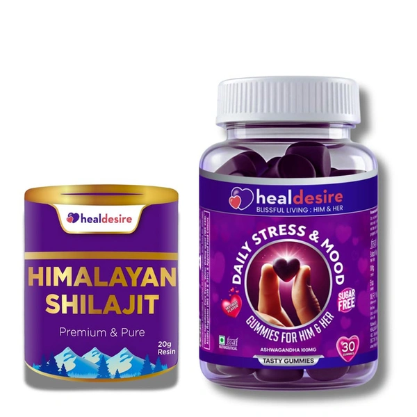 HealDesire Stress Relief & Energy Combo | Ashwagandha Mood Gummies + Himalayan Shilajit Resin | Boosts Focus, Stamina & Vitality | Ayurvedic, Sugar Free, Vegetarian | Natural Mood & Energy Support