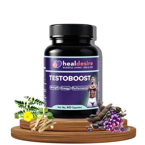 HealDesire Testoboost| Herbal Testosterone Support Formula with Safed Muesli, Gokshur & More | Supports Vitality & Wellbeing | 60 Veg Capsules