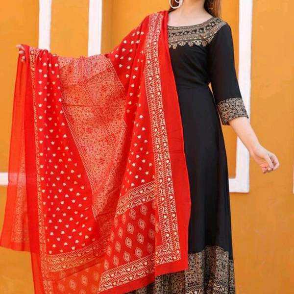 Stylish Anarkali Kurti With Dupattta Set - M(Bust size:- 38), L( Bust size :-40), XL(Bust size :- 42), XXL( Bust size :- 44 ), Black Anarkali , Red dupatta